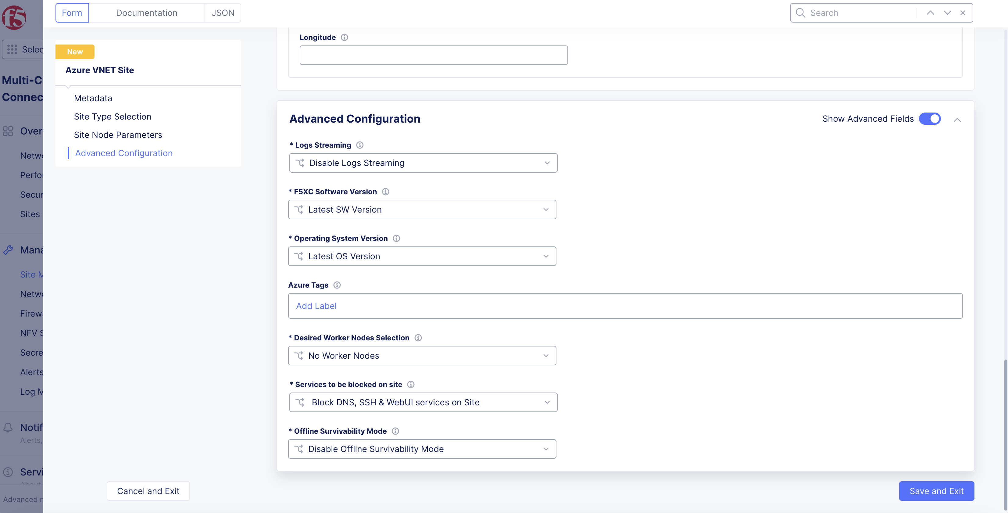 Figure: Site Advanced Configuration