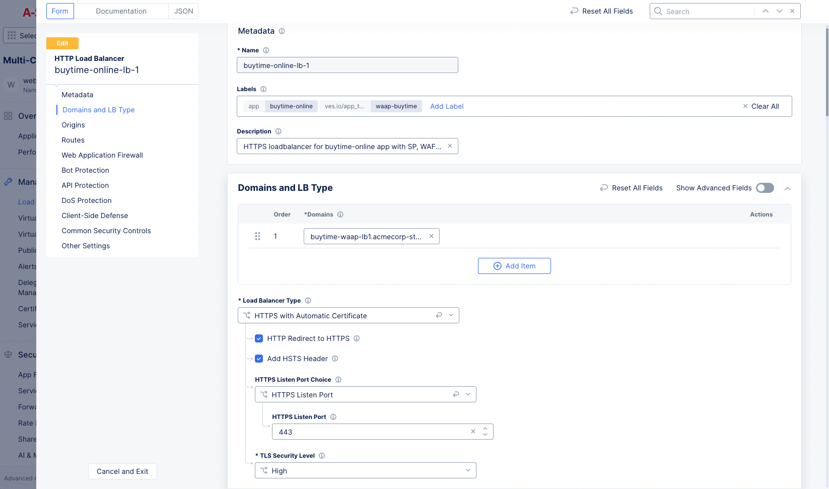 Figure: Load Balancer Form